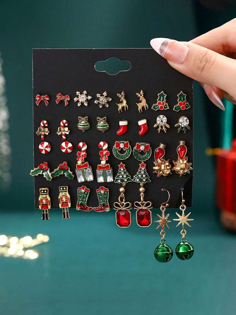 1 Set 20 Pairs Christmas Tree Bow Tie Snowman Reindeer Earrings Set For Women Suitable For Christmas Party - Multicolor - View 1
