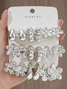 6/18PCS Fashionable Elegant Floral Geometric Multi- Silver Metallic Earring Set, Women's Fashion Earring Set, Daily Wear, (Lightweight CCB Material, Non-Fading) - Silver - View 9