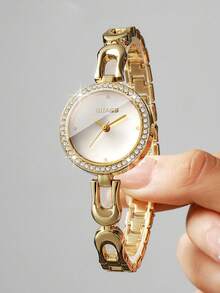 Women's Bracelet Watch, Round Dial With Rhinestones, Simple Scale, Elegant Quartz Watch, Gift For Girlfriend (1pc/Set), Watch Box Not Included - Gold - View 5