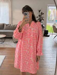 Plus Size Women's Spring/Summer Pink Leopard Print Dress, Spring/Autumn Wearable Versatile Elegant Vacation - Pink - View 2