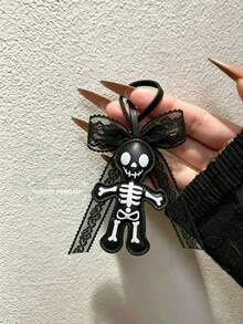 Pu Material Double-Sided Ghost Dark Skeleton Keychain, Lace Bow Pendant, Halloween, Funny Bag Pendant; Y2k Style; Festival Gift - Multicolor - View 7