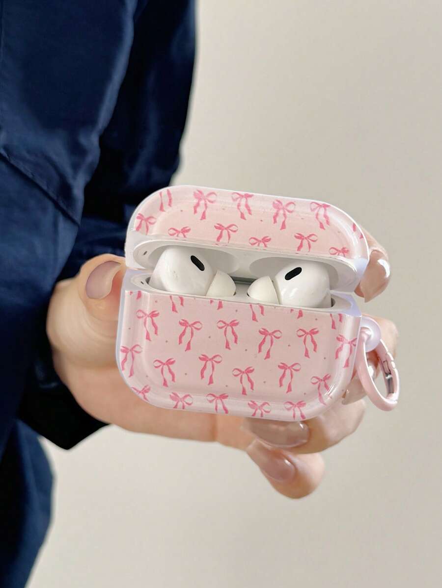 Full Print Pink Bow Bluetooth Earphone Protective Case Compatible With Iphone Earphone Shell Compatible With Airpods 1/2/5 Generation Earphone Protective Cover, With Buckle, Compatible With AirPods 1/2/3/4/5/Pro/Pro2/Pro3, Sweet Girl Best Friend Gift Small Present - Pink Ribbon + Pink Buckle - View 1
