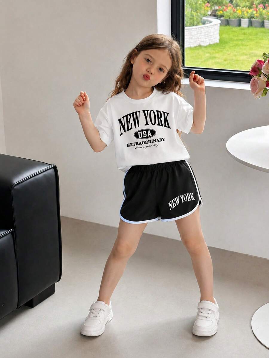 Young Girl Summer Casual Letter Print Short Sleeve T-Shirt And Shorts Set - White - View 1