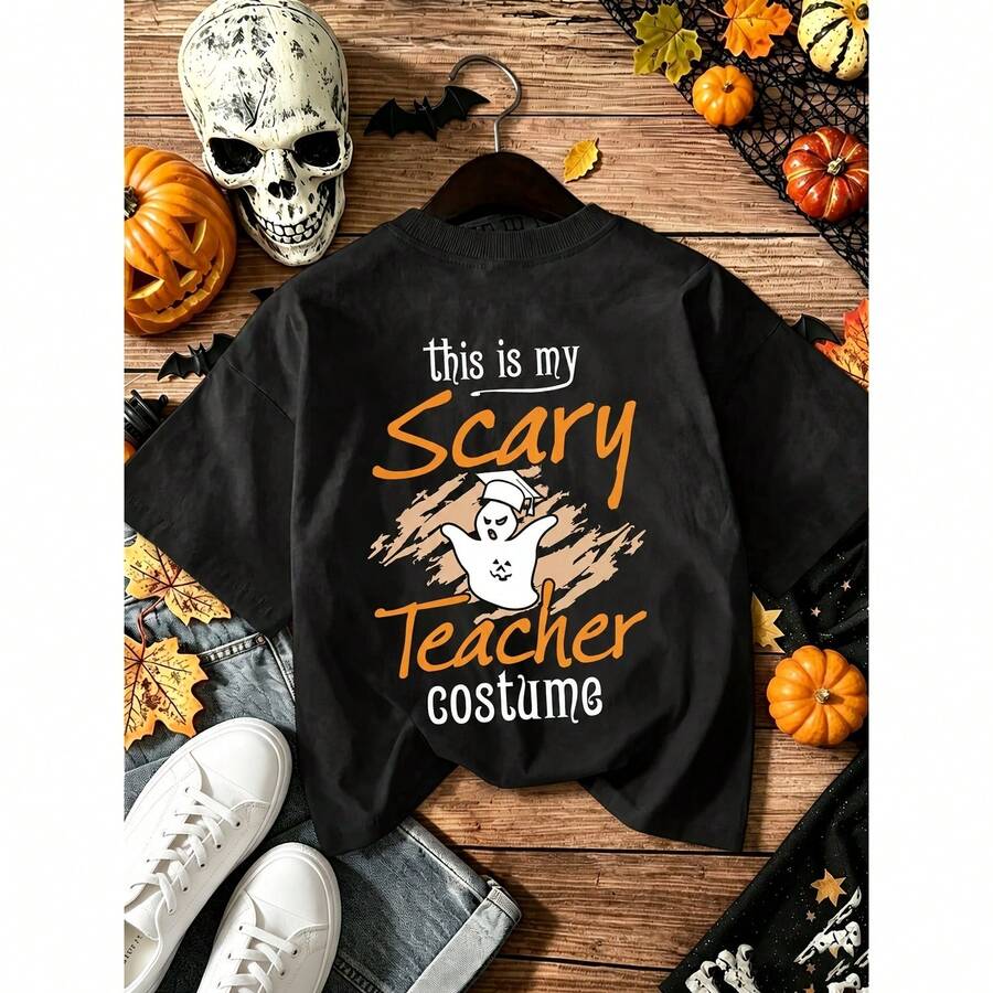 Women's Halloween Scary Teacher Costume Graphic Short Sleeve T‑Shirt, Soft Casual Top For Halloween Party Fall Daily Holiday Wear - Black - View 1