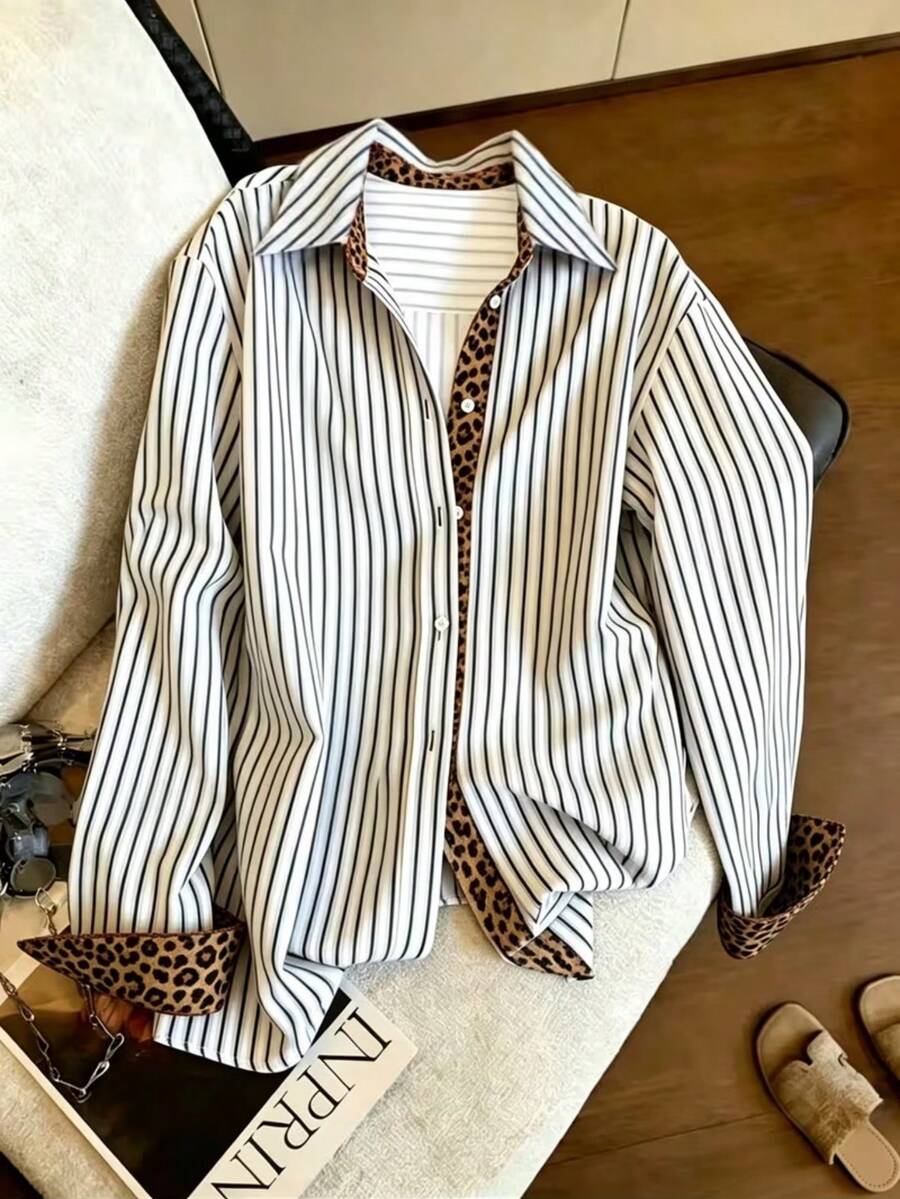 Women's Vintage Striped Leopard Print Shirt Collar Long Sleeve Button-Up Top, Suitable For Autumn Wear - Multicolor - View 1