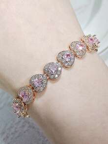 MOONSO Women's Cubic Zirconia Heart-Shaped Decorative Bracelet, Suitable For Parties, Banquets, Weddings, Valentine's Day And Other Occasions - Pink - View 4