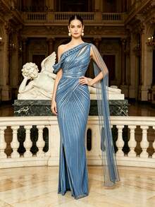 Teal One-Shoulder Sequin & Bead Embellished Evening Gown With Cape Sleeves And High Slit, Suitable For Parties, Weddings, Occasions, Weddings - Lake Blue - View 9