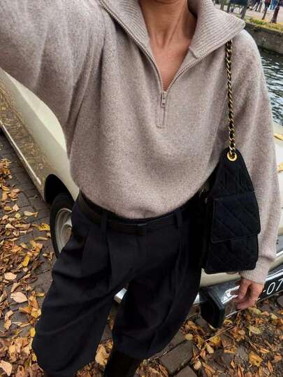 FOR BEAUTY Women's Y2K Elegant Cute Half-Zip V-Neck Turn Collar Long Sleeve Knit Sweater Pullover, Basic Casual Vacation Style, Autumn/Winter Fall