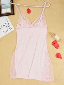 Pink Lace Trimmed Bow Decorated Side Slit Cami Slip Dress - Pink - View 6