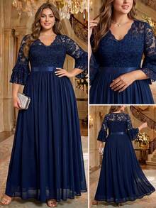 Plus Size V-Neck Floral Lace Ruffle Layered Sleeve Colorblock Chiffon Ruched Hem Formal Evening Party Dress, Suitable For Birthday, Homecoming Dance, Wedding Guest - Navy Blue - View 1