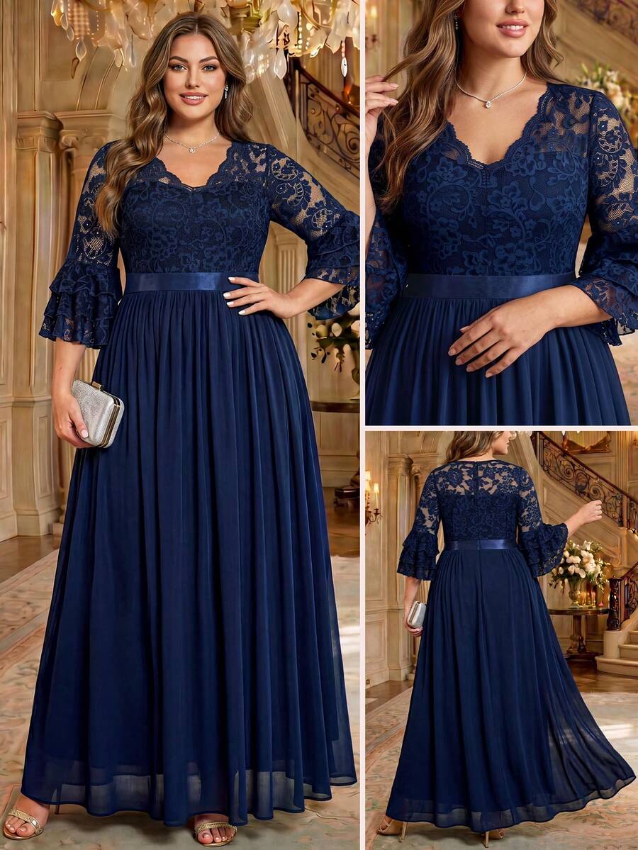 Plus Size V-Neck Floral Lace Ruffle Layered Sleeve Colorblock Chiffon Ruched Hem Formal Evening Party Dress, Suitable For Birthday, Homecoming Dance, Wedding Guest - Navy Blue - View 1