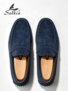 Salkin 设计师时尚男士一脚蹬乐福鞋，柔软仿麂皮休闲鞋，铆钉设计，防滑橡胶鞋底，适合驾驶、商务、派对、婚礼、春夏/秋季，加大码，多种颜色可选，请选择大一码时尚秋季 - 深藍色 - 查看 7