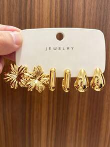 6/18pcs Gold Earrings Set - Large Starfish Earrings & Floral Studs. Suitable For All-Year Travel And Vacation Wear, Best Gift For Family And Friends - Gold - View 2