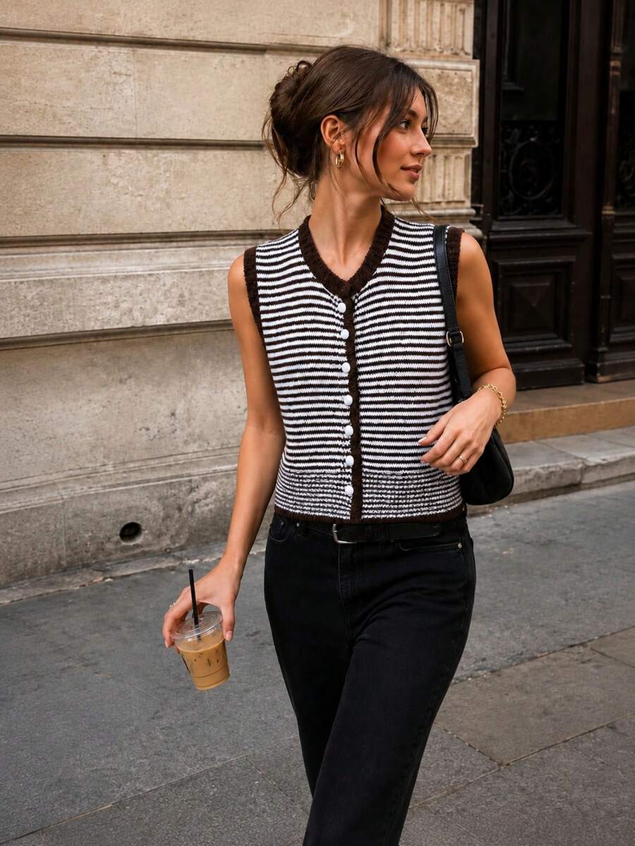 JIANHU Women's Vintage Knit Button Striped Sleeveless Cardigan Vest, Suitable For Daily Layering And Casual Wear, Autumn/Winter - Brown - View 1
