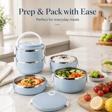 Stainless Steel Lunch Box Set-Class 1 Thermal Bento Box With Lid, Designed For Hand Washing, Cylinder, Manual Operation, Ideal For Use In The Office, School, Camping,Picnic Or Kitchen Locker(47.34oz) - Baby Blue - View 2