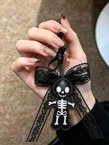PU Material Double-Sided Ghost Dark Skull Keychain, Lace Bow Pendant, Halloween Fun Bag Charm, Y2K Style, Holiday Gift - A - View 2