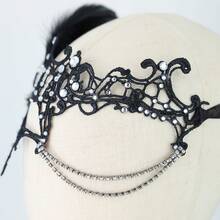 Vintage Gothic Black Lace Feather Masquerade Mask With Rhinestone Chain Eye Cover, Women's Halloween Party Wedding Cosplay Costume Accessory - Multicolor - View 8