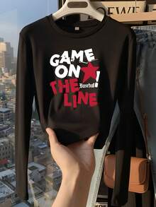 American Style Star & Letter Print Cropped Long Sleeve T-Shirt For Women, Sexy Waist-Baring Slim Fit Basic Base Layer Top - Black - View 3