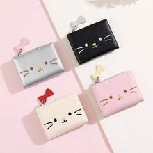 Cute Cat Embroidery PU Leather Short Bifold Wallet With Bow Zipper Charm, Snap Closure Multi Card Slots Coin Purse For Women Girls - Multicolor - View 11