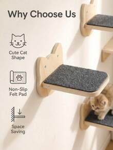1pc Cat Wall Shelf Steps, Cat Head Shaped Wooden Climbing Rack With Felt Scratching Pad, Wall-Mounted Indoor Cat And Kitten Furniture - Apricot - View 3
