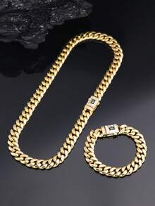 2pcs 18K Gold Plated Necklace And Bracelet Set, Hip Hop Jewelry Set/Cuban Chain Men's Accessories, Punk Style Hip Hop Rapper Jewelry, Suitable For Concerts, Valentine's Day, Carnival, St. Patrick's Day And Other Occasions, Gift - A - View 7