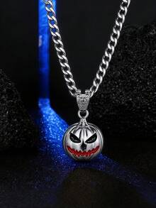 Men Halloween Pumpkin Face Pendant Necklace, Hip Hop Enamel Rhinestone Cuban Chain Necklace, Gothic Party Costume Jewelry Gift - Pumpkin Head Pendant - View 15