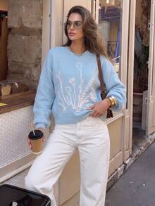 Women Autumn Floral Embroidery Knit Sweater Round Neck Lantern Long Sleeve Loose Knit Top Fall Outfits For Women Clothes - Baby Blue - View 9