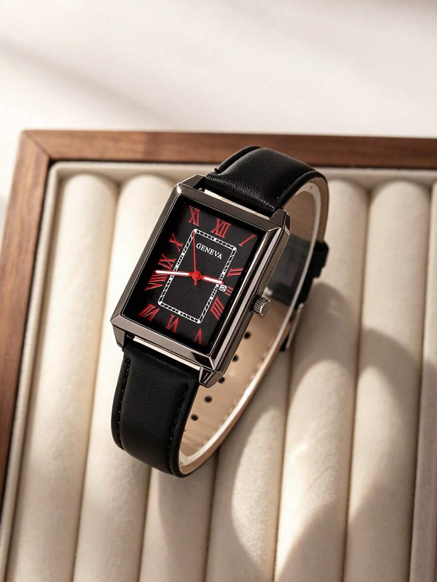 1pc Men's Fashion Casual Rectangular Minimalist Quartz Watch, PU Leather Strap, With Date, Suitable For Business And Daily Wear, Best Gift For Men - Black - View 1