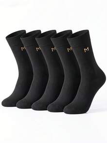1/5 Pairs Men's Letter Print Business Casual Socks, Comfortable And Breathable, Moisture-Wicking, Suitable For Daily, Office, Formal Wear, Autumn/Winter - Black - View 2