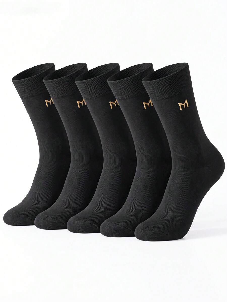 1/5 Pairs Men's Letter Print Business Casual Socks, Comfortable And Breathable, Moisture-Wicking, Suitable For Daily, Office, Formal Wear, Autumn/Winter
