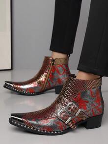 QRLQRL Men's Colorblock Printed Patchwork Short Boots, Autumn/Winter Metallic Toe Cap Double Carved Buckle Chunky Heel Shoes, Bar Exhibition Outing Personalized Men's Footwear - Red - View 4