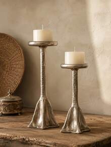 1pc Hammered Texture Pillar Candle Holder, Vintage Distressed Silver Flared Base Tall Candle Stands, Rustic Wabi-Sabi Decorative Candlestick For Dining Table Centerpiece Fireplace Mantel Home Decor - Silver Hill - View 6