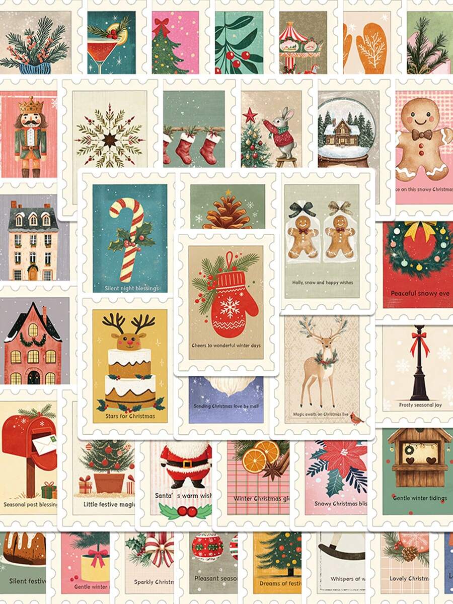 50pcs/Set Retro Merry Christmas Aesthetic Stickers, Decorative Decals For Stationery Notebook Luggage Laptop Guitar Fridge Phone Teens Sticker - Sets - View 1