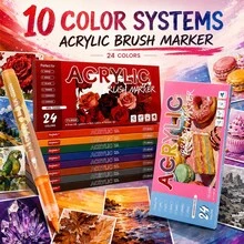 24 Colors Soft Tip Acrylic Marker Set, Flexible Pen Tip For Delicate And Controllable Lines, Student Art Professional Painting Character Drawing Marker Set, Graffiti Coloring DIY Animation Character Hand-Drawn Marker, Suitable For Glass, Plastic, Metal, Cardboard, Clothing And Other Surfaces, Ideal For Students - Multicolor - View 1