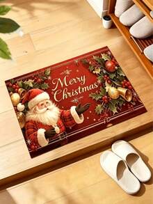 1pc Red Background Santa Claus Rectangular Doormat, Christmas, Welcome Mat, Small Rug, Carpet, Floor Mat, Outdoor Doormat, Kitchen Rug, Home Decor, Front Door Mat, Area Rug - Multicolor - View 3