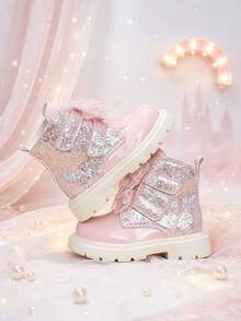 1 Pair Girls' Bowknot Rhinestone Princess Ankle Boots, Silver Pink Glitter + Mesh Bowknot Dual Hook & Loop Design, Dreamy Princess Style Boots, Suitable For School, Festivals, Parties, Autumn/Winter New - Pink - View 3