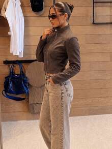 Women's Autumn/Winter Brown Faux Suede Short Motorcycle Jacket, Stand Collar Zipper For Daily Wear, Back To School Halloween And Christmas Outfits - Coffee Brown - View 4