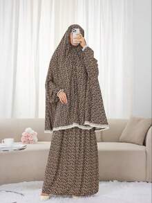 Women's Floral Lace Trim Prayer Abaya Set, Loose Hooded Jilbab With Long Skirt, Muslim Islamic Style Modest Daily Wear - Multicolor - View 3