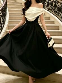 Women's Sleeveless Wrap Fitted Dress, Casual Fashion, Sexy Elegant Fall - Black and White - View 7