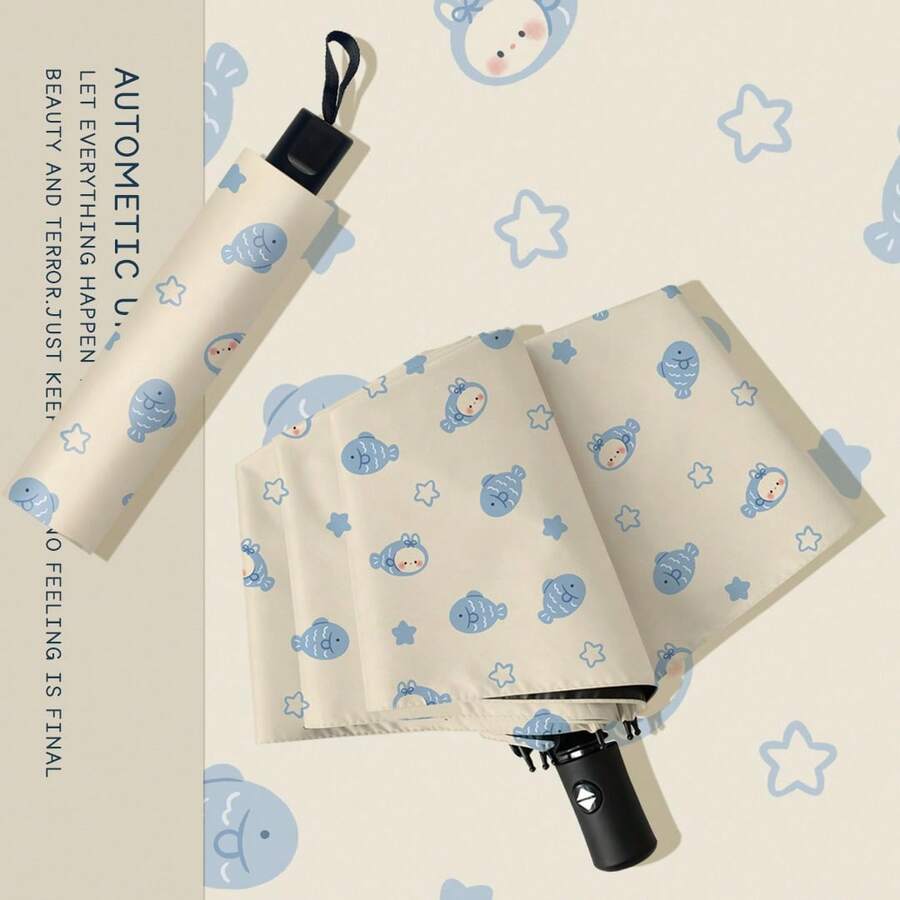 1pc Cute Fish Automatic Umbrella For Women, Black Coating Sun Umbrella, UV Protection, Foldable, Minimalist INS Style - Multicolor - View 1