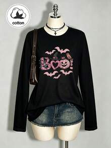Women's Long-Sleeve Cotton T-Shirt Featuring A Halloween Pumpkin And Spider Print; Stylish, Simple, Casual, And Versatile. - Black - View 3