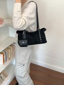 Dedoo 女款純色鉚釘扣可拆式迷你托特包，附額外肩帶，中容量復古休閒手提包，適合日常通勤與旅行 - 黑色 - 查看 4