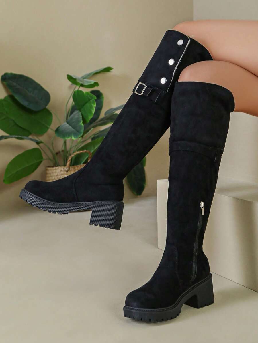 Botas altas de caballero de ante, textura de ante premium, combina bien con abrigos, faldas, jeans, adecuado para desplazamientos de otoño/invierno, fotografía de viajes, atuendos para citas - Negro - Ver 1