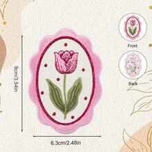 1pc Vintage Lace Oval Pink Tulip Embroidered Fabric Patch, Pastoral Style Flower Iron-On Patch For Dress, Backpack, Clothing DIY Decoration Embroidery Label - A - View 3