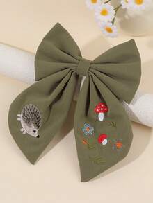 1pc Girls Bow Hair Clip, Olive Green Fabric Embroidered Hedgehog Mushroom Floral Decor Hairpin, Party & Daily Hair Accessory - Multicolor - View 4