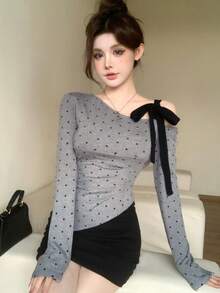 Women's Gray Polka Dot Asymmetrical Neckline Crop Top With Black Bow Decor, Random Patchwork - Grey - View 1