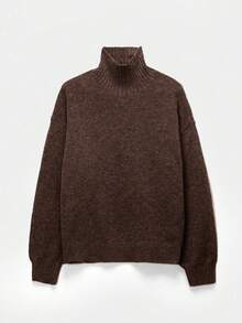 Sweater Rajut Hangat Longgar Berkerah Tinggi untuk Musim Gugur/Dingin, Bahu Jatuh, Atasan Pullover Tebal Lembut Bergaris, Pakaian Rajut Serbaguna Minimalis untuk Perjalanan Sehari-hari dan Berlapisan - Coffee Brown - View 5