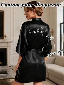 1pc Women's Personalized Kimono Robe With Custom Text And Black Heart Print, Bridal Party Sleepwear Bathrobe - Multicolor - View 2
