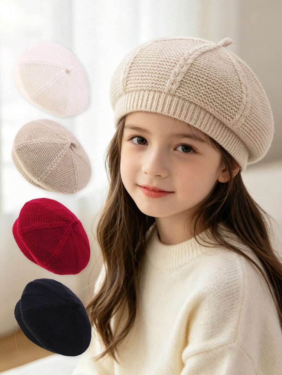 1PC Girls Cable Knit Beret Hat, Soft Solid‑Color Vintage Painter Cap ...