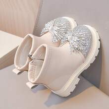 Children's Rhinestone Bow Boots, Baby Girl Side Zipper Soft Sole Autumn/Winter Ankle Boots, Easy To Put On And Take Off - Beige - View 10